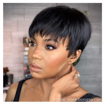 Wholesale Short Bob Wig With Bangs Pixie Cut Brazilian Human Hair Wigs Remy Full Manchine Cheap Red Brown Wigs For Women